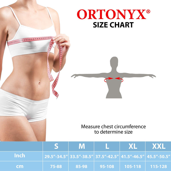 ORTONYX sternum and thorax chest brace ACHB5255 size chart—measure chest circumference; S–XXL ranges shown.