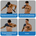 Man fits ORTONYX shoulder stability brace: compression shoulder sleeve with adjustable strap, reversible for left or right