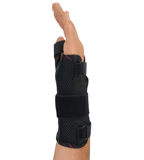 Black wrist and thumb immobilizer brace, thumb spica support splint with breathable mesh and adjustable straps; De Quervain’s