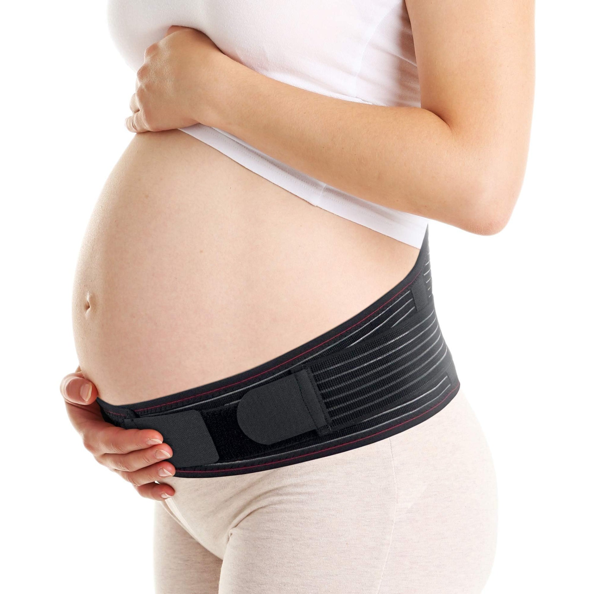 ORTONYX Maternity Support Belt on pregnant belly, hook-and-loop front closure, elastic tension straps, lumbar stays ACHB5203