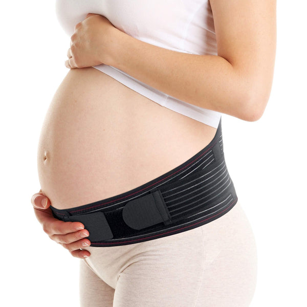 ORTONYX Maternity Support Belt on pregnant belly, hook-and-loop front closure, elastic tension straps, lumbar stays ACHB5203