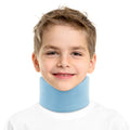 Child wearing light blue pediatric cervical collar, contoured soft foam kids neck support brace, ORTONYX ACJS03, front view