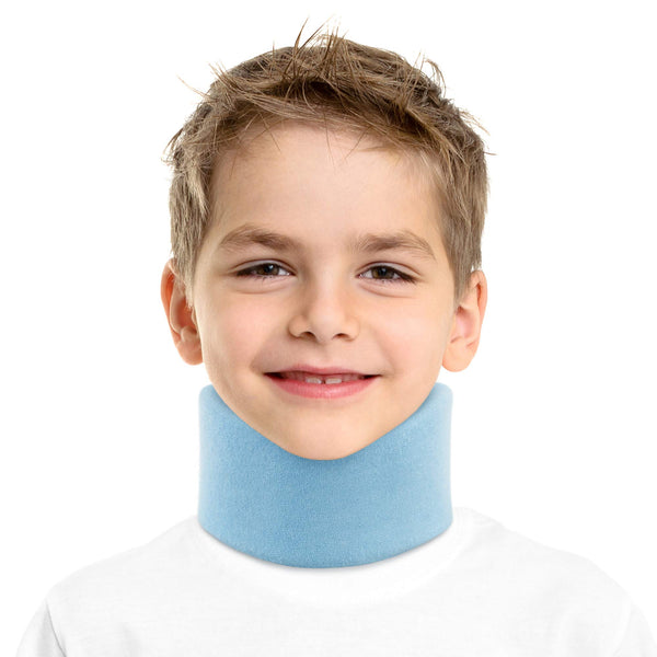 Child wearing light blue pediatric cervical collar, contoured soft foam kids neck support brace, ORTONYX ACJS03, front view