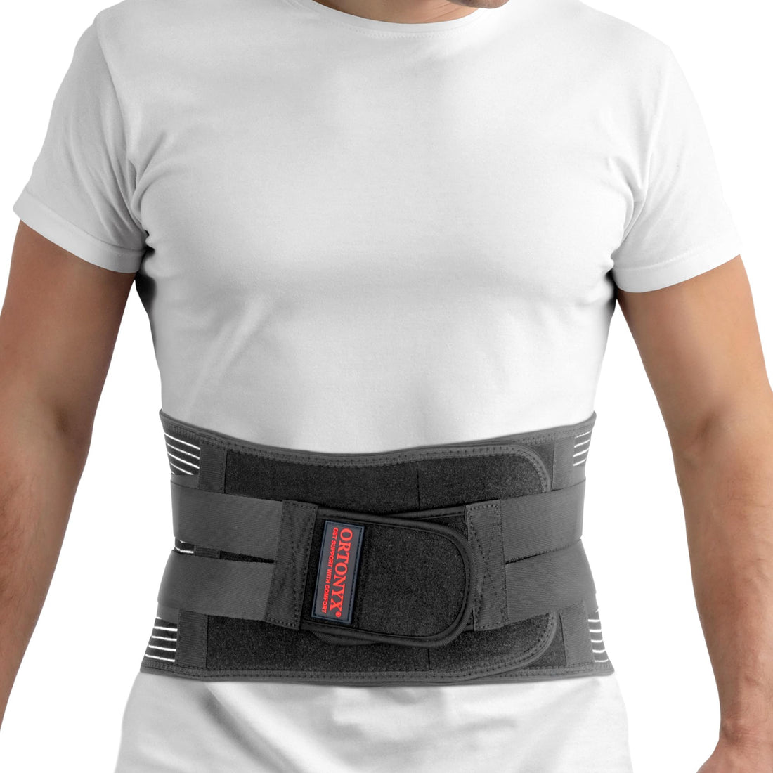 ORTONYX lower back support brace OX725BK, lumbosacral belt with double-pull elastic straps, mesh panels, and vertical stays
