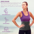 Woman wearing black ORTONYX Abdominal Binder with adjustable Velcro; icons show postpartum, hernia, and C‑section support
