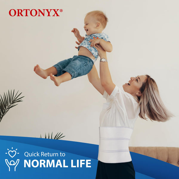 Woman lifting toddler wearing the ORTONYX 9-inch abdominal binder, elastic postpartum belly band/umbilical hernia belt.