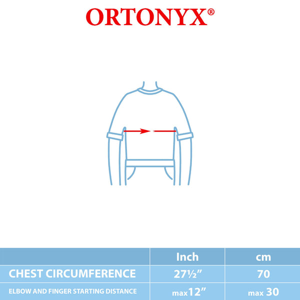 ORTONYX ACJB2409 kids arm sling shoulder immobilizer size chart: chest 27.5 in/70 cm; elbow–finger max 12 in/30 cm.