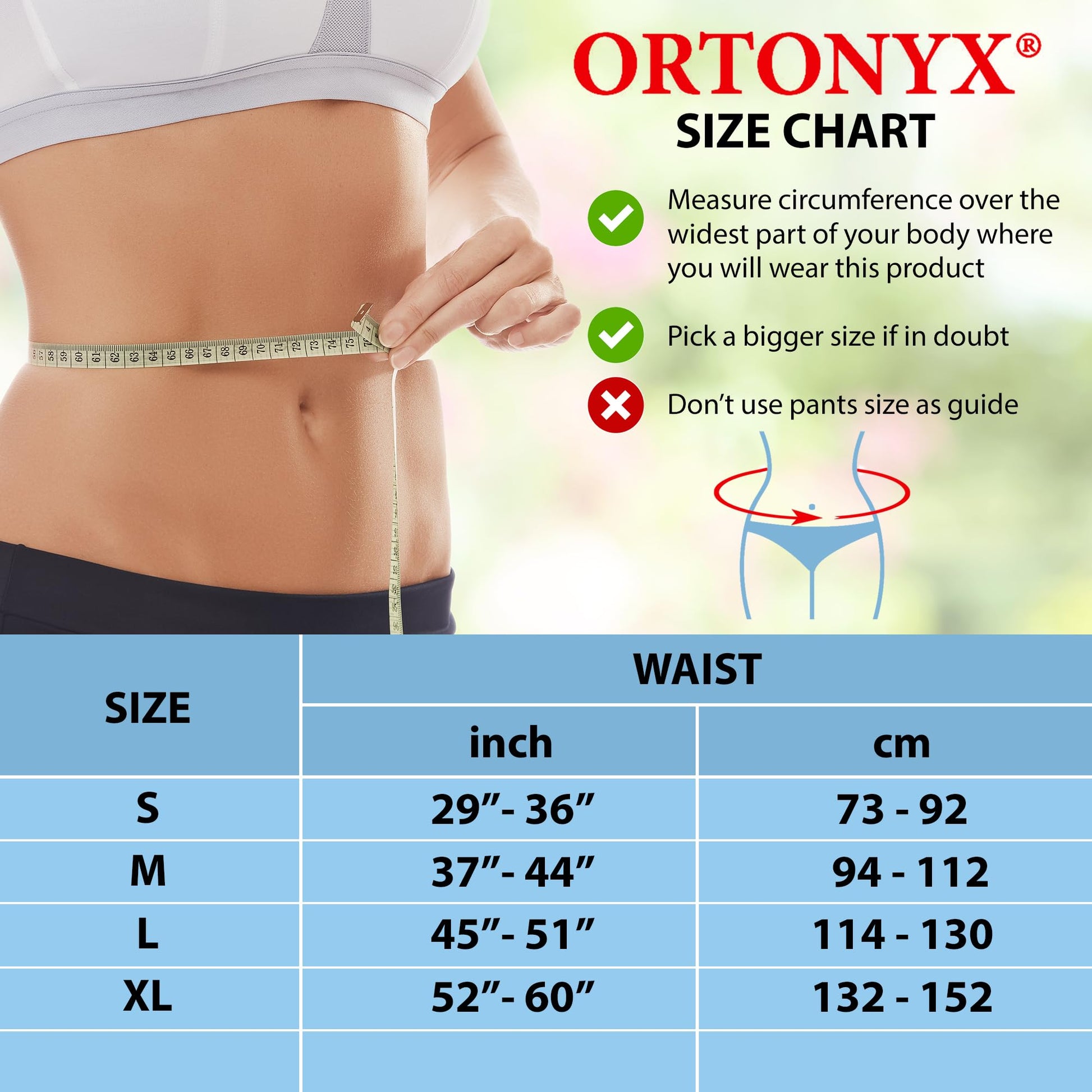 ORTONYX lower back support brace size chart with waist measurement guide; lumbosacral belt sizes S–XL 29–60 in / 73–152 cm
