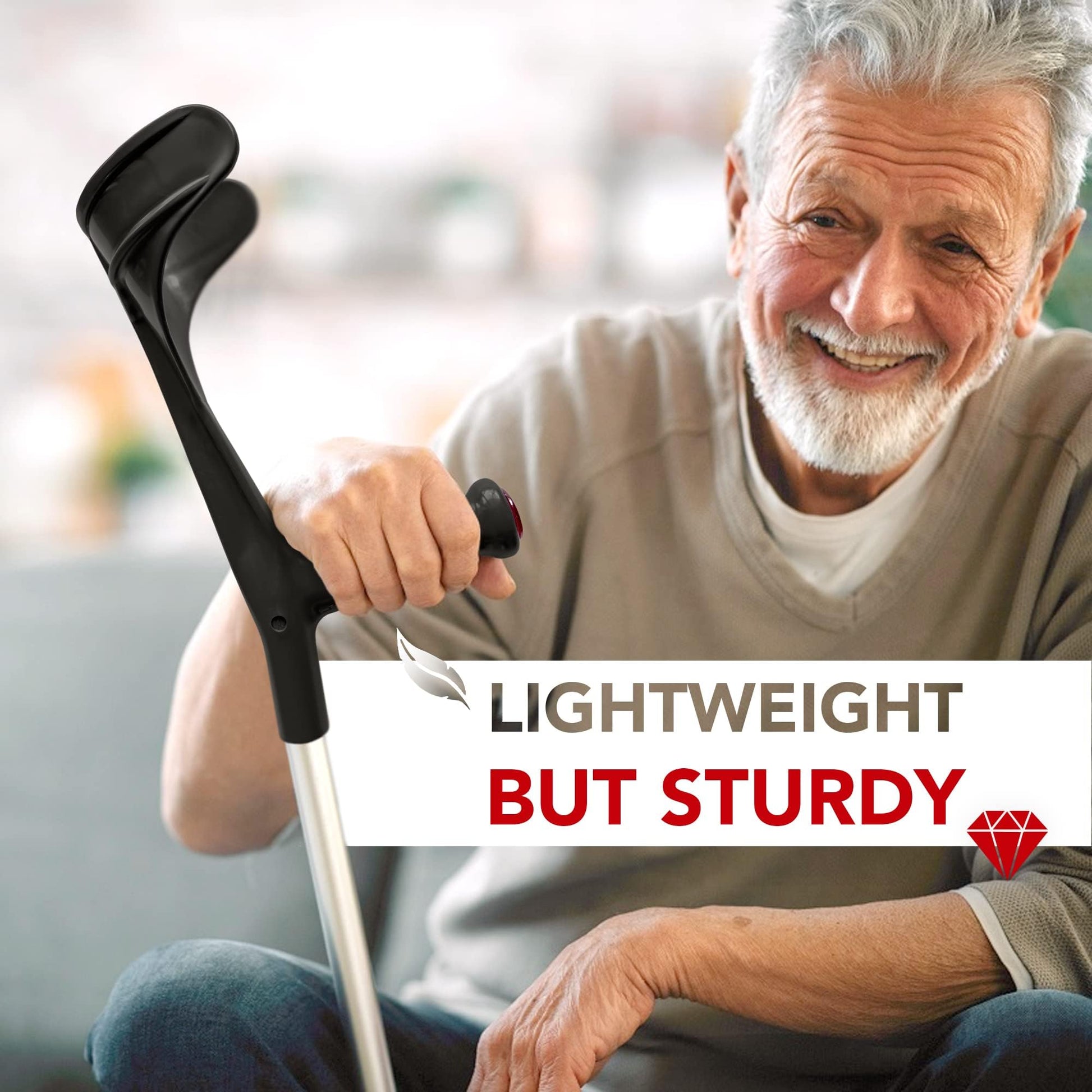 Adult holding ORTONYX forearm crutch, open cuff and aluminum shaft with handle light reflector; text Lightweight but sturdy.