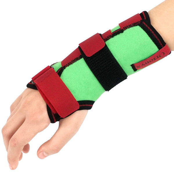 ORTONYX Kids Wrist Support ACJB2302GRN, green-red pediatric wrist immobilizer with adjustable straps and breathable knit.