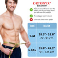 Umbilical Hernia Belt size chart: man measuring waist; S-M 28.3–35.8 in, L-XXL 35.8–49.2 in for abdominal support binder fit.