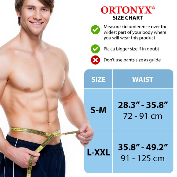 Umbilical Hernia Belt size chart: man measuring waist; S-M 28.3–35.8 in, L-XXL 35.8–49.2 in for abdominal support binder fit.