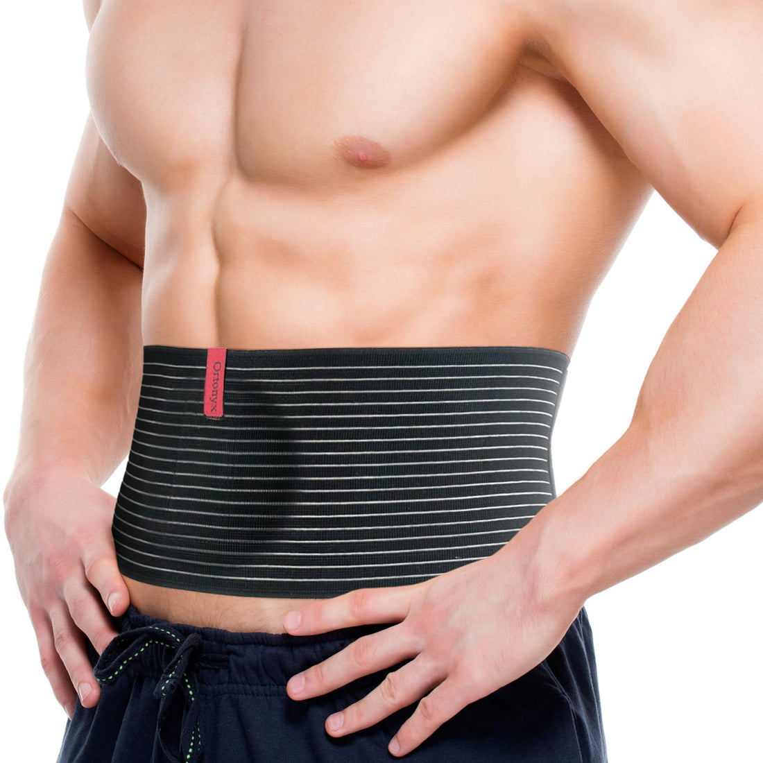 Elastic Umbilical Hernia Belt abdominal support binder worn at the waist; black striped wrap for belly button hernia support.