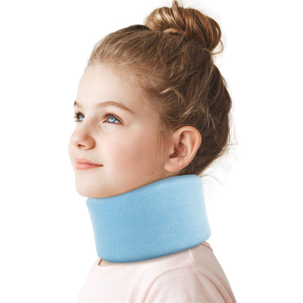 Child wearing blue soft foam pediatric cervical collar, kids neck support brace (ORTONYX ACJS03) for gentle neck support.