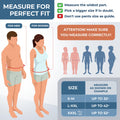 Umbilical hernia belt sizing: male/female waist measurement; chart S-M 32, L-XXL 42, XXXL 52; abdominal binder 10.25 in