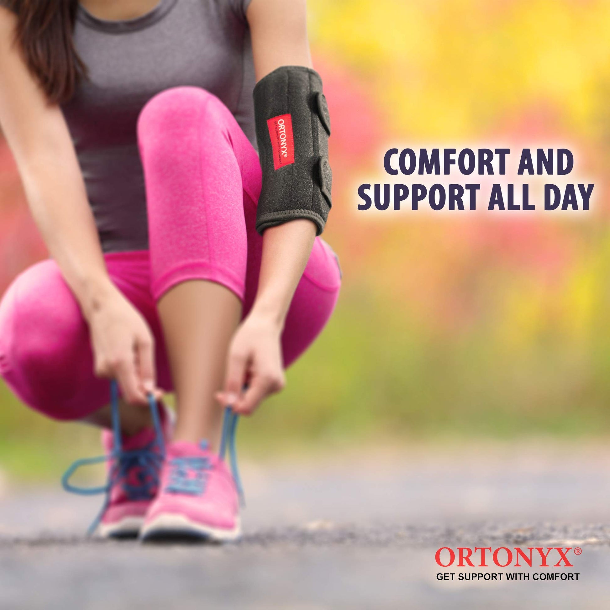Runner tying shoes wears black ORTONYX elbow support brace immobilizer splint with red logo; cubital tunnel support