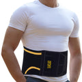 Model wearing ORTONYX Back Support Brace KB726, black 3D knitted lumbar support with breathable mesh and Velcro closure