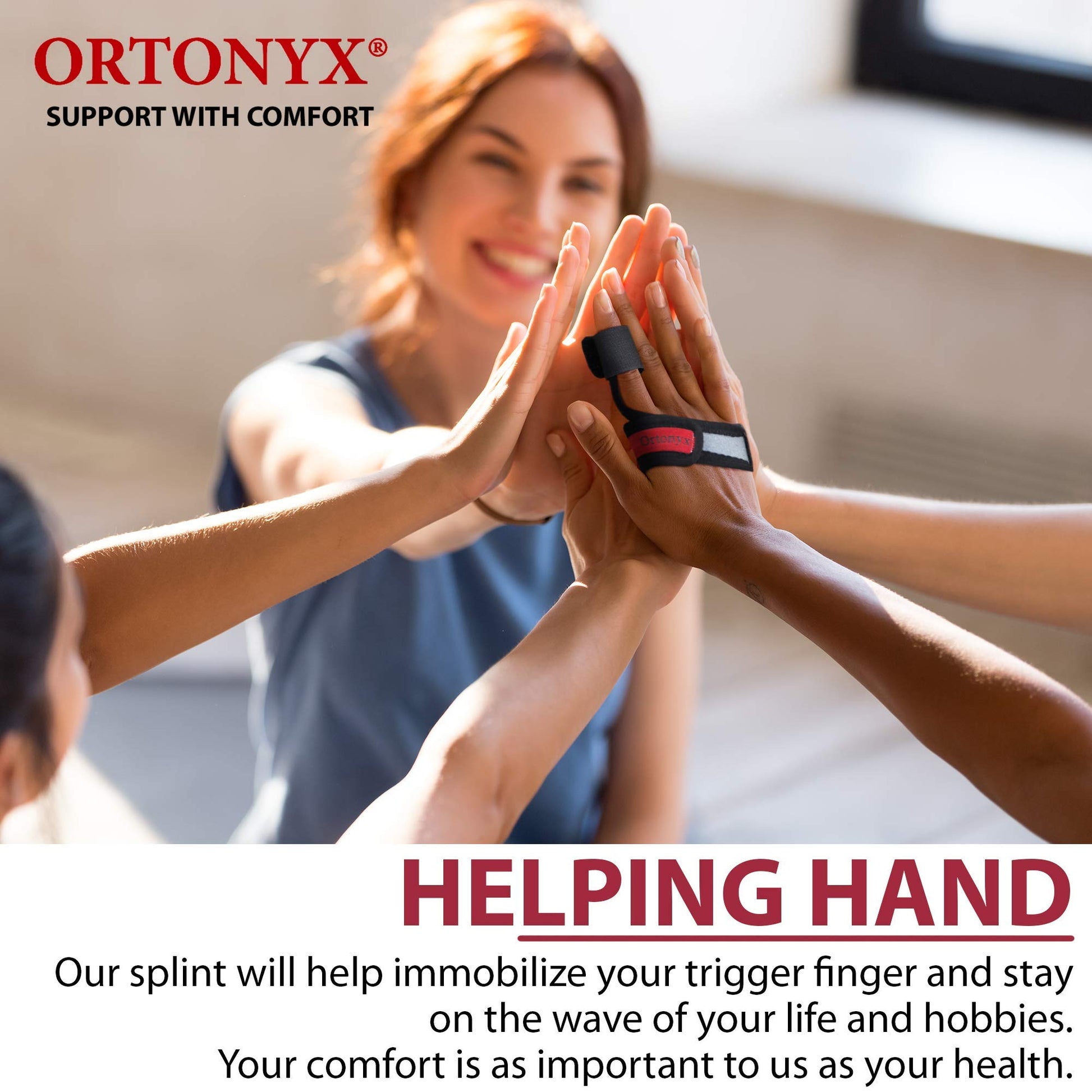 Hand high-fiving wearing ORTONYX Trigger Finger Splint, adjustable Velcro finger brace immobilizing index finger