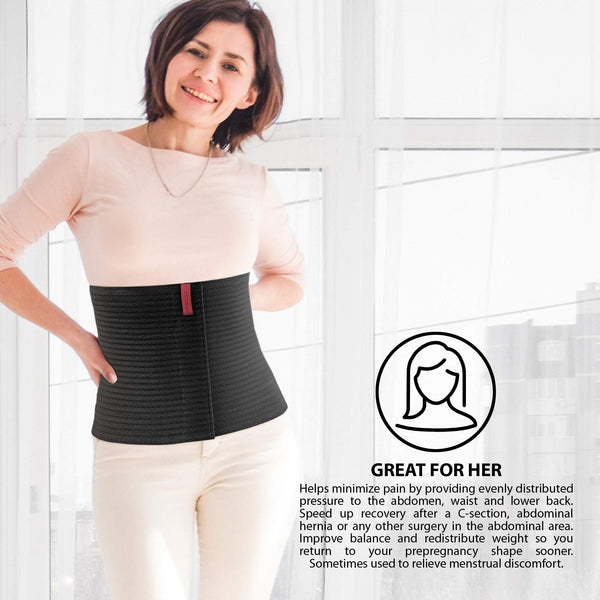ORTONYX abdominal binder 524010, black 10.25in wrap on model; breathable elastic with adjustable Velcro compression
