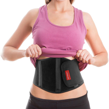 Black ORTONYX umbilical hernia belt with two side splints and Velcro closure, worn as a slim abdominal support brace