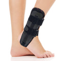 Ankle Stabilizer Brace stirrup splint rigid side shells and dual hook-and-loop straps on foot; ORTONYX ACAB01 ankle orthosis