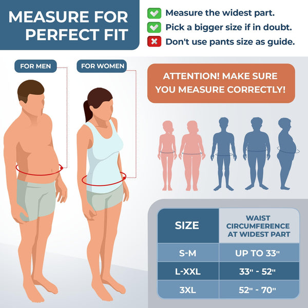 ORTONYX umbilical hernia belt size guide: measure waist at widest; choose larger if unsure; S‑M to 3XL fits up to 70 in