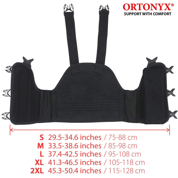 ORTONYX sternum and thorax chest brace ACHB5255 with adjustable straps; size chart S-2XL 75-128 cm, post sternotomy use.