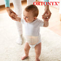 Baby wearing ORTONYX OX350 infant umbilical hernia belt with foam pad and hook-and-loop closure, breathable pediatric truss