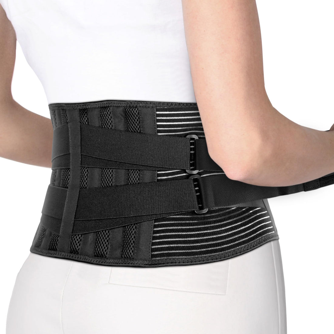 ORTONYX lower back support brace OX725BK, lumbosacral belt with double-pull elastic straps, mesh panels, and vertical stays