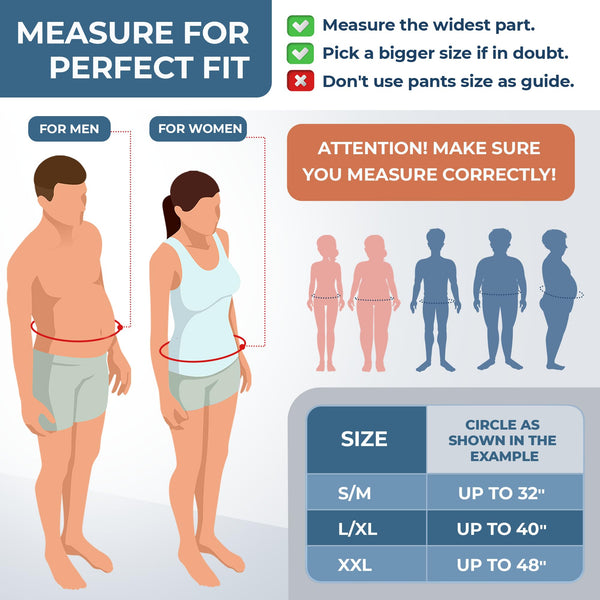 ORTONYX Abdominal Binder IMWB-568 sizing: measure widest abdominal circumference; S/M 32in, L/XL 40in, XXL 48in.