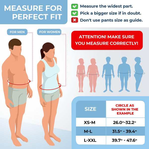 ORTONYX lumbosacral back brace sizing chart: measure waist widest; XS‑M 26–32.2, M‑L 31.5–39.4, L‑XXL 39.7–47.6.