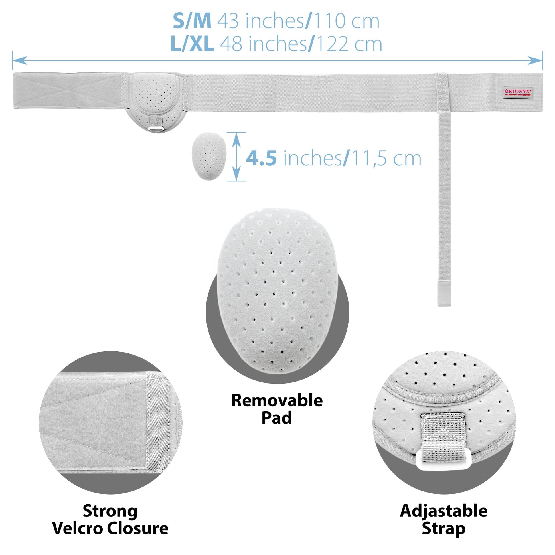 ORTONYX Inguinal hernia truss belt with removable perforated compression pad and adjustable hook‑and‑loop strap; S/M–L/XL.