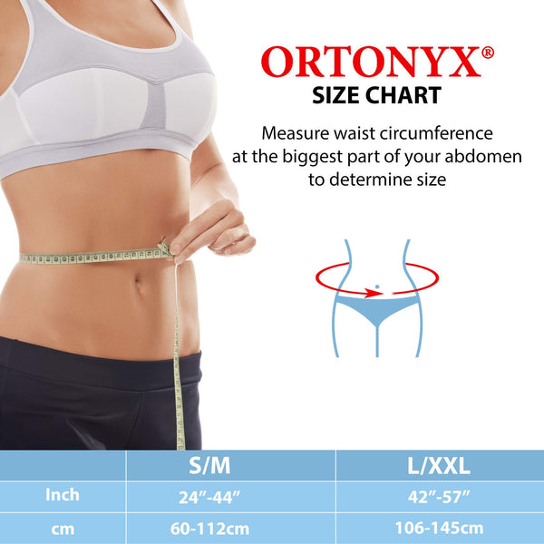 ORTONYX size chart showing waist measurement for umbilical hernia belt; S/M 24–44 in, L/XXL 42–57 in (60–112, 106–145 cm)