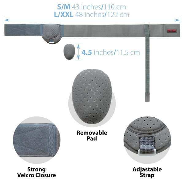 ORTONYX Inguinal Hernia Belt with removable 4.5 in pad, adjustable hook-and-loop strap; sizes S/M 43 in, L/XXL 48 in
