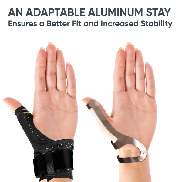 ORTONYX Thumb Immobilizer Brace ACKB433 on hand with wrist strap; moldable aluminum thumb spica stay shown on other hand.
