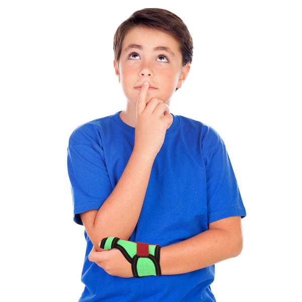 Child wearing ORTONYX Kids Thumb Immobilizer Brace ACJB2303, green thumb spica splint with wrist and thumb straps.