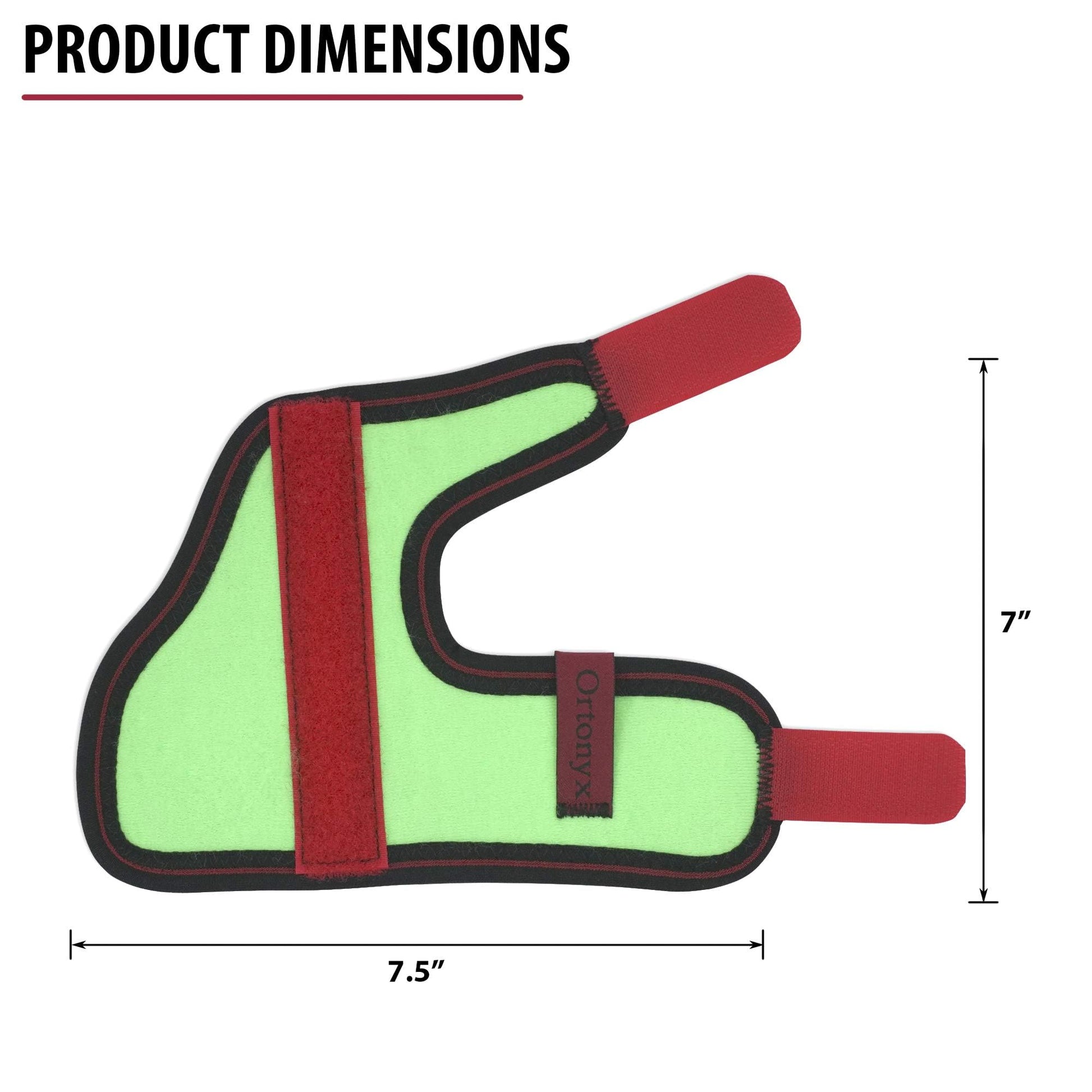 ORTONYX Kids Thumb Immobilizer Brace ACJB2303, neon green with red wrist and thumb straps; 7.5 x 7 in, pediatric thumb spica.