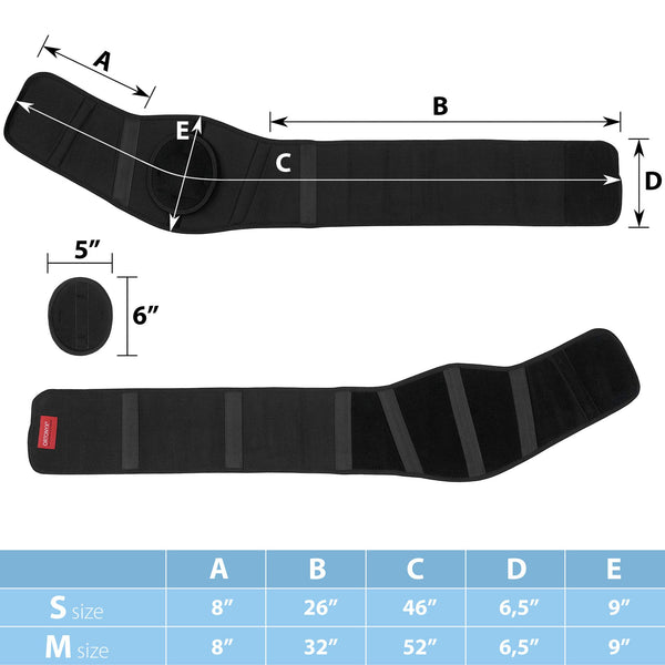 Black umbilical hernia belt for navel with 5x6 in oval cushioned pad and side splints; ORTONYX abdominal brace VCOX353A