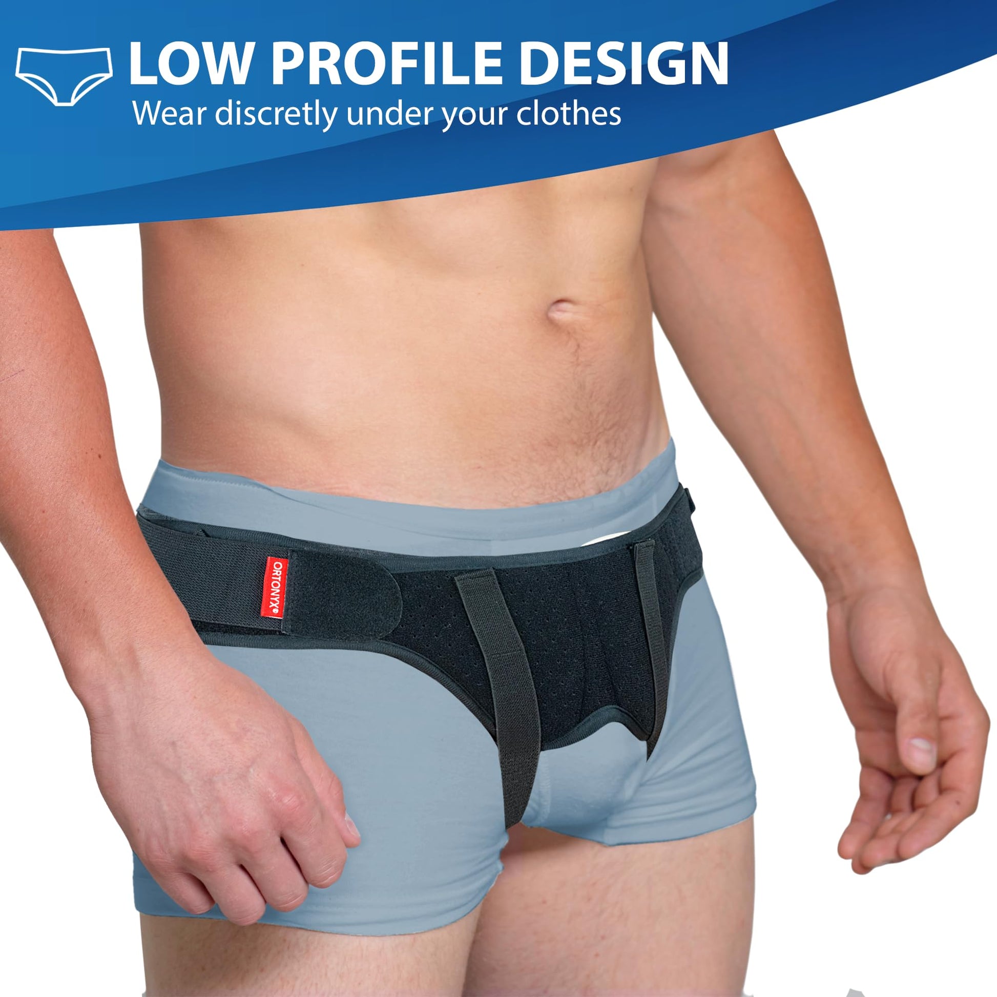ORTONYX inguinal hernia belt, low-profile groin hernia truss with dual pads and adjustable straps for discreet wear.