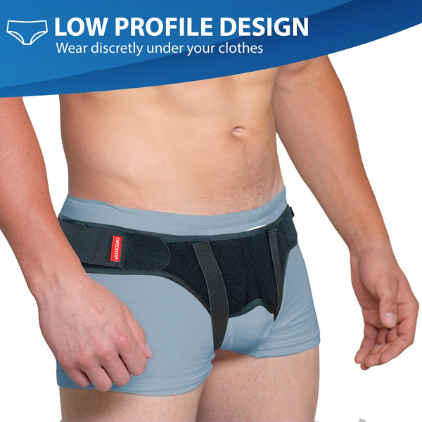 ORTONYX inguinal hernia belt, low-profile groin hernia truss with dual pads and adjustable straps for discreet wear.