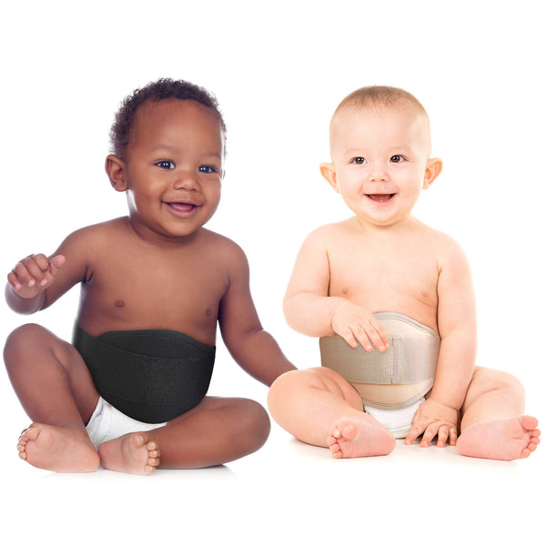Two infants wearing ORTONYX infant umbilical hernia belt OX350, padded navel support and adjustable hook-and-loop closure