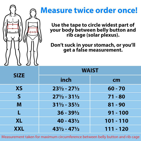 ORTONYX Comfort Posture Corrector 656 size chart: measure waist between navel and rib cage; XS–XXL ranges in inches and cm