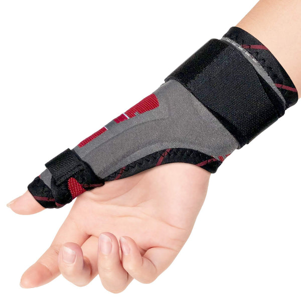 Hand wearing ORTONYX thumb immobilizer brace and spica splint, knit with adjustable hook‑and‑loop straps, fingers free.