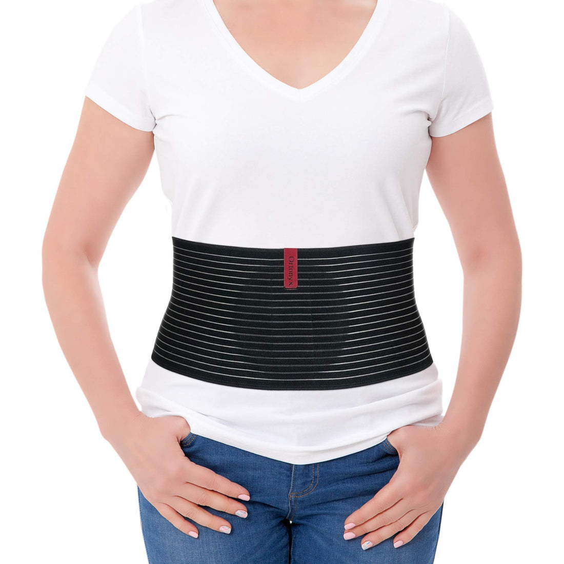 Elastic Umbilical Hernia Belt abdominal support binder worn at the waist; black striped wrap for belly button hernia support.
