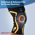 ORTONYX knee brace with patella ring, 3D knitted stabilizer sleeve on leg; graphic highlights kneecap support with arrows