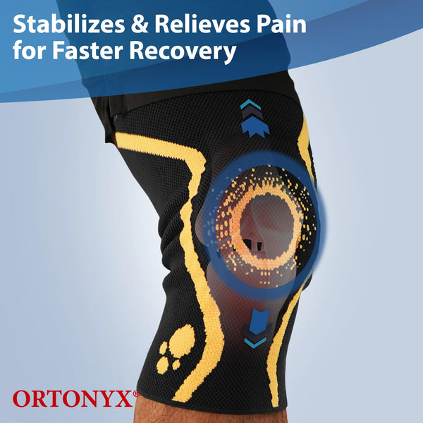 ORTONYX knee brace with patella ring, 3D knitted stabilizer sleeve on leg; graphic highlights kneecap support with arrows