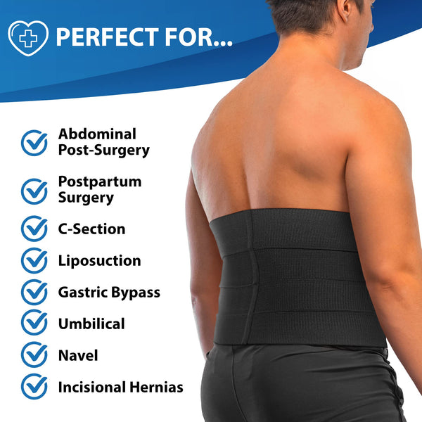 Back view wearing black ORTONYX 12" abdominal binder; wide postoperative belly compression wrap for postpartum and hernias