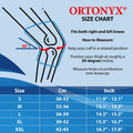 ORTONYX hinged knee brace size chart and measuring guide: knee at 30°, measure over patella; sizes S–XXL, cm/inch ranges