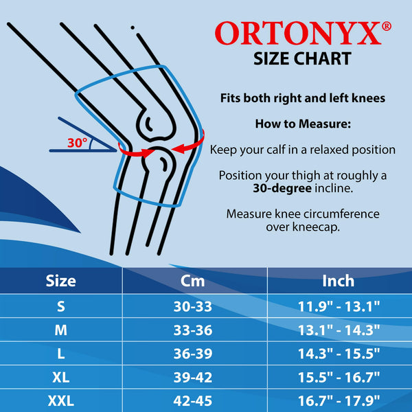 ORTONYX hinged knee brace size chart and measuring guide: knee at 30°, measure over patella; sizes S–XXL, cm/inch ranges