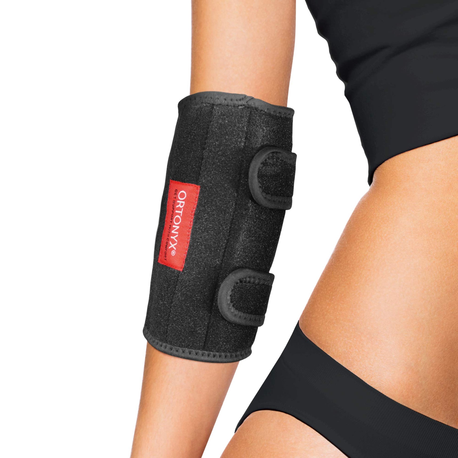 ORTONYX elbow immobilizer splint VCOXEB01, black neoprene sleeve with hook-and-loop straps; cubital tunnel syndrome brace